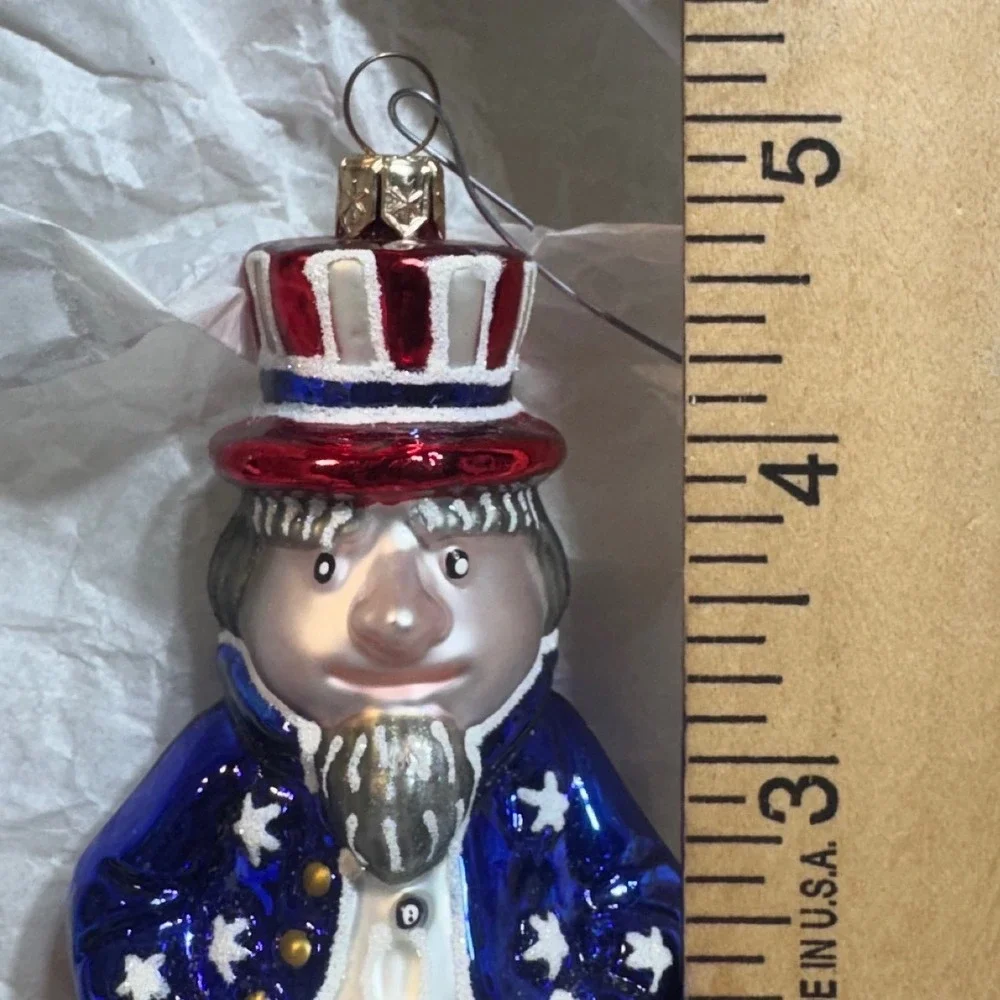Uncle Sam Blown Glass Ornament Patriotic Americana Red White Blue - Silver Beard